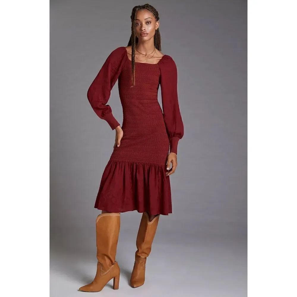 Anthropologie - Smocked Puff-Sleeved Midi Dress - Picture 4 of 7